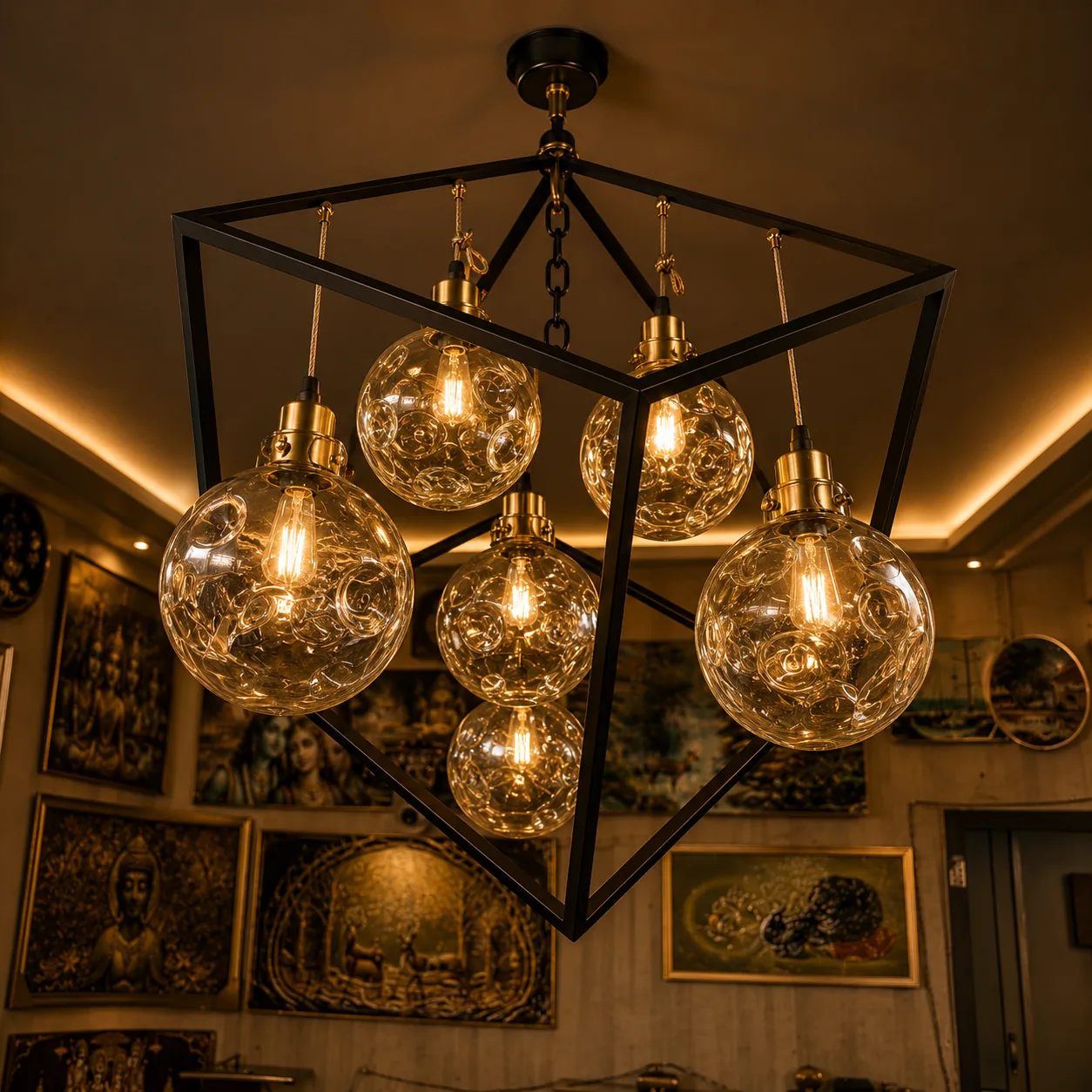 Amber Globe Cube Cage Chandelier